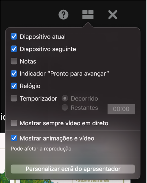 As opções do ecrã do apresentador, incluindo “Diapositivo atual”, “Diapositivo seguinte”, Notas, “Indicador ‘Pronto para avançar’”, “Relógio” e “Temporizador”. O temporizador tem opções adicionais para mostrar o tempo decorrido ou o tempo que falta.