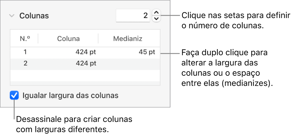 Os controlos na secção colunas para alterar o número de colunas e a largura de cada coluna.