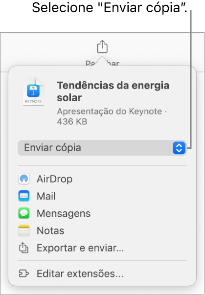 O menu “Partilhar” com “Enviar cópia” selecionada na parte superior.