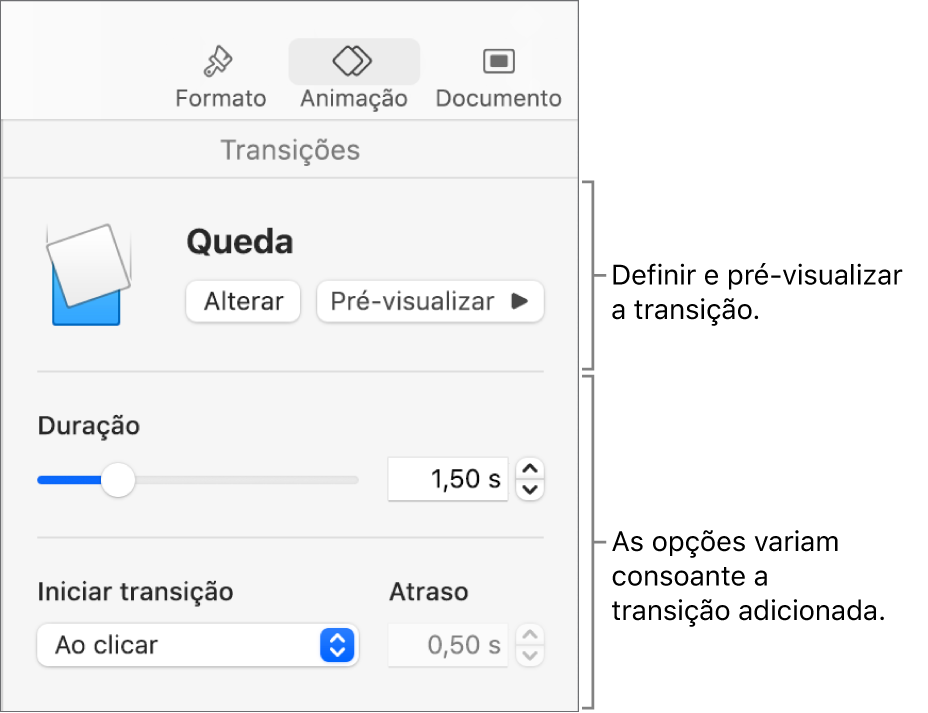 Controlos de transição na secção “Transições” da barra lateral.