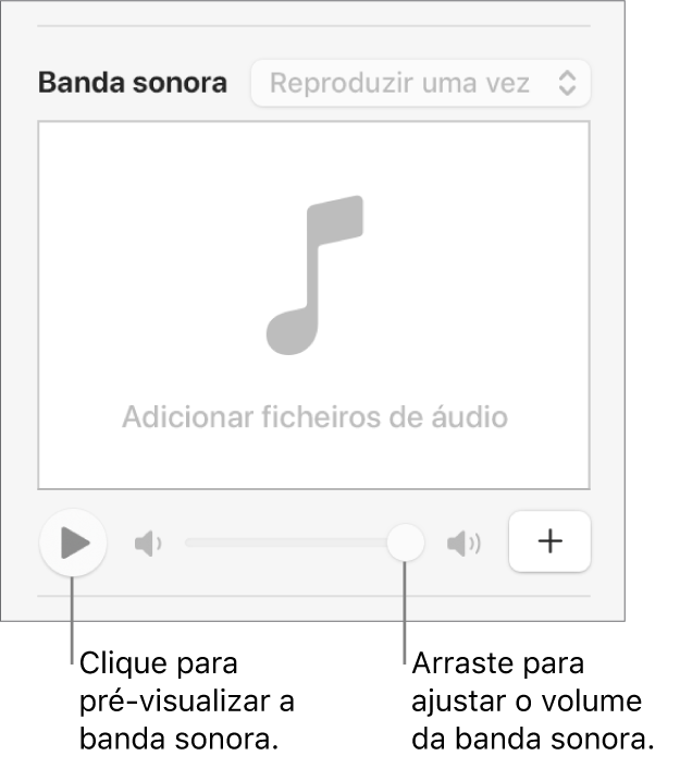 Os controlos de banda sonora com uma chamada para o botão “Reproduzir” e para o nivelador de volume.