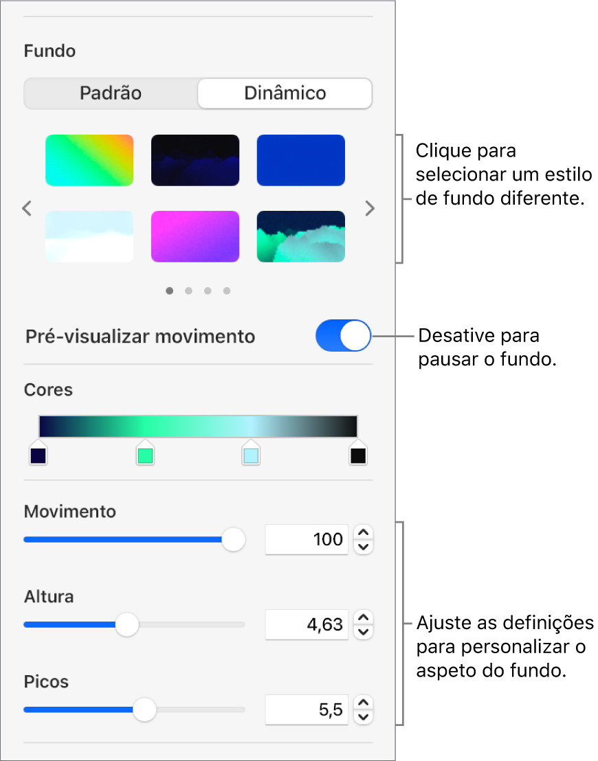 O botão “Dinâmico” selecionado na secção “Fundo” da barra lateral “Formatação” com os estilos de fundo dinâmico, o controlo de “Pré‑visualizar movimento” e os controlos de aspeto apresentados.