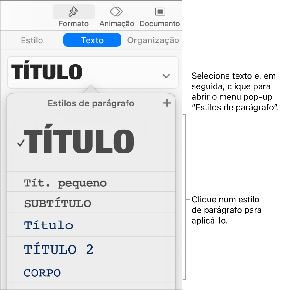 O menu “Estilos de parágrafo” com um visto junto ao estilo selecionado.