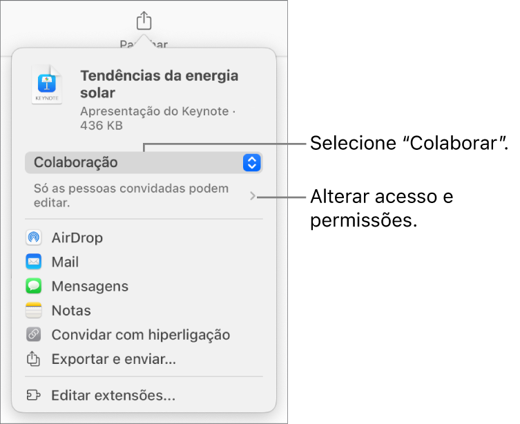 O menu "Partilha” com “Colaboração” selecionada na parte superior e as definições de acesso e permissão por baixo.