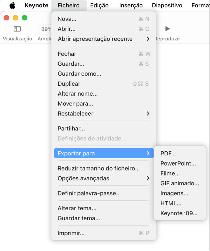 O menu “Ficheiro” com a opção “Exportar para” selecionada e o respetivo submenu a mostrar opções de exportação para PDF, PowerPoint, Filme, HTML, Imagens e Keynote '09.