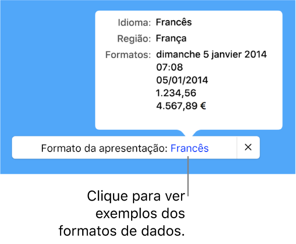 A notificação da definição diferente do idioma e região, apresentando exemplos da formatação nesse idioma e região.