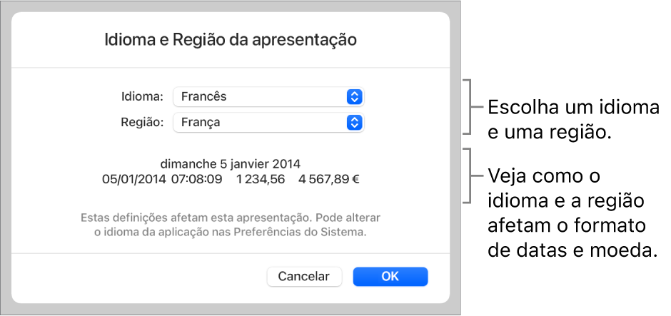 O painel “Idioma e região” com controlos de idioma e região e um exemplo da formatação, incluindo data, hora, decimal e moeda.