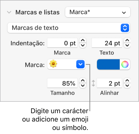 A secção “Marcas e listas” da barra lateral "Formatação”. O campo "Marca” a mostrar um emoji de uma flor.