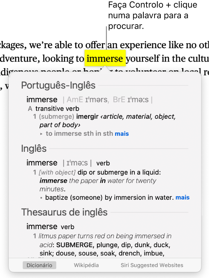 Texto com uma palavra realçada e uma janela a mostrar a respetiva definição e uma entrada do dicionário de sinónimos. Dois botões na parte inferior da janela fornecem hiperligações para o dicionário e a Wikipédia.