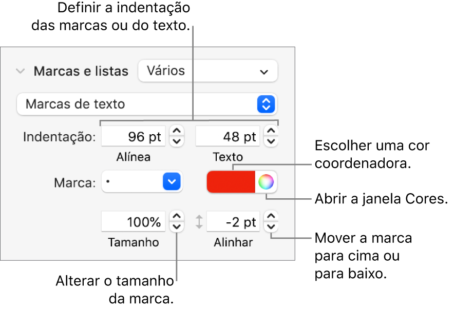 A secção “Marcas e listas” com chamadas para os controlos de indentação de texto e marcas, bem como cor, tamanho e alinhamento das marcas.