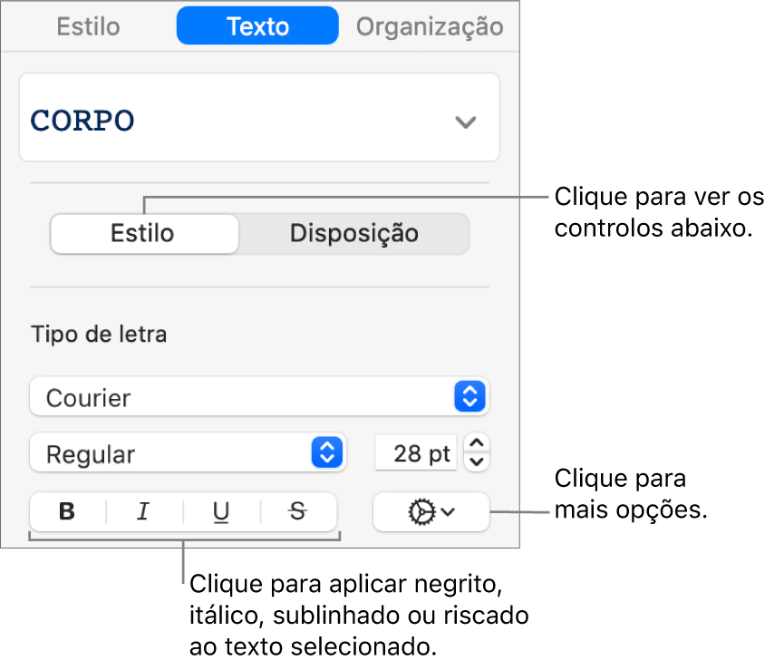 Os controlos “Estilos” na barra lateral “Formatação” com chamadas para os botões “Negrito”, “Itálico”, “Sublinhado” e “Riscado”.