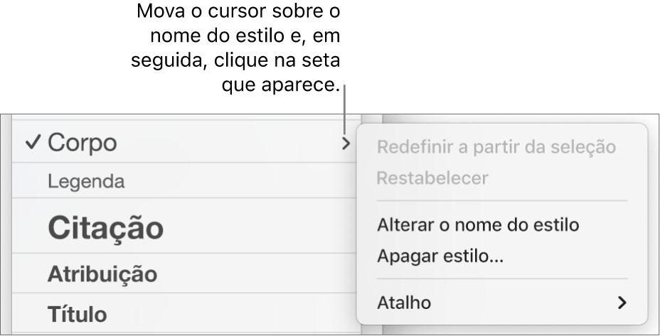 O menu “Estilos de parágrafo” com o menu de atalhos aberto.