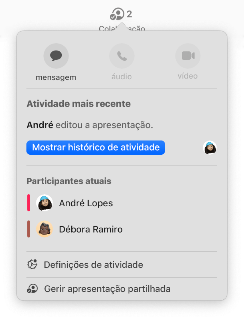 O menu de colaboração a apresentar os nomes das pessoas que estão a colaborar na apresentação.