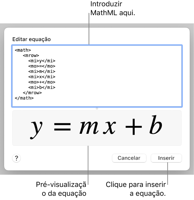 A equação para a inclinação de uma linha no campo “Editar equação” e uma pré-visualização da equação em baixo.