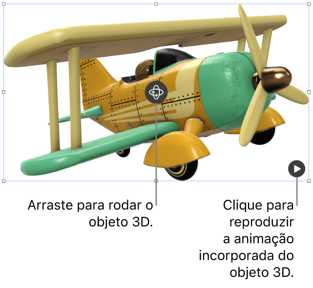 Um objeto 3D com o botão “Rodar” no meio do objeto e o botão “Reproduzir” no canto inferior direito.