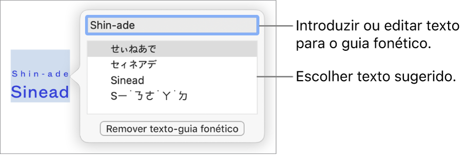 O guia fonético aberto para uma palavra, com referências ao campo de texto e texto sugerido.