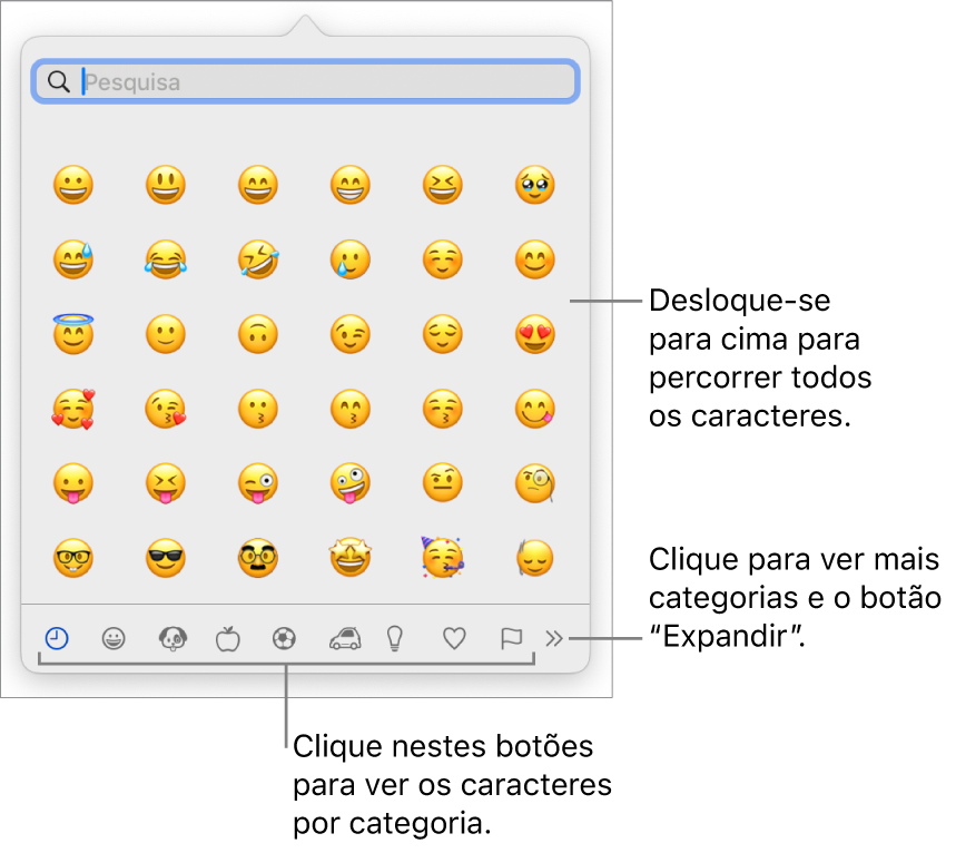 O pop-up “Caracteres especiais” com ícones expressivos, botões para diferentes tipos de símbolos na parte inferior e um destaque para um botão para mostrar a janela “Caracteres” completa.