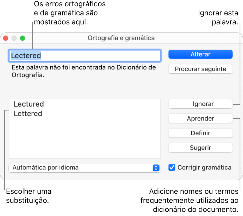 A janela “Ortografia e gramática”.