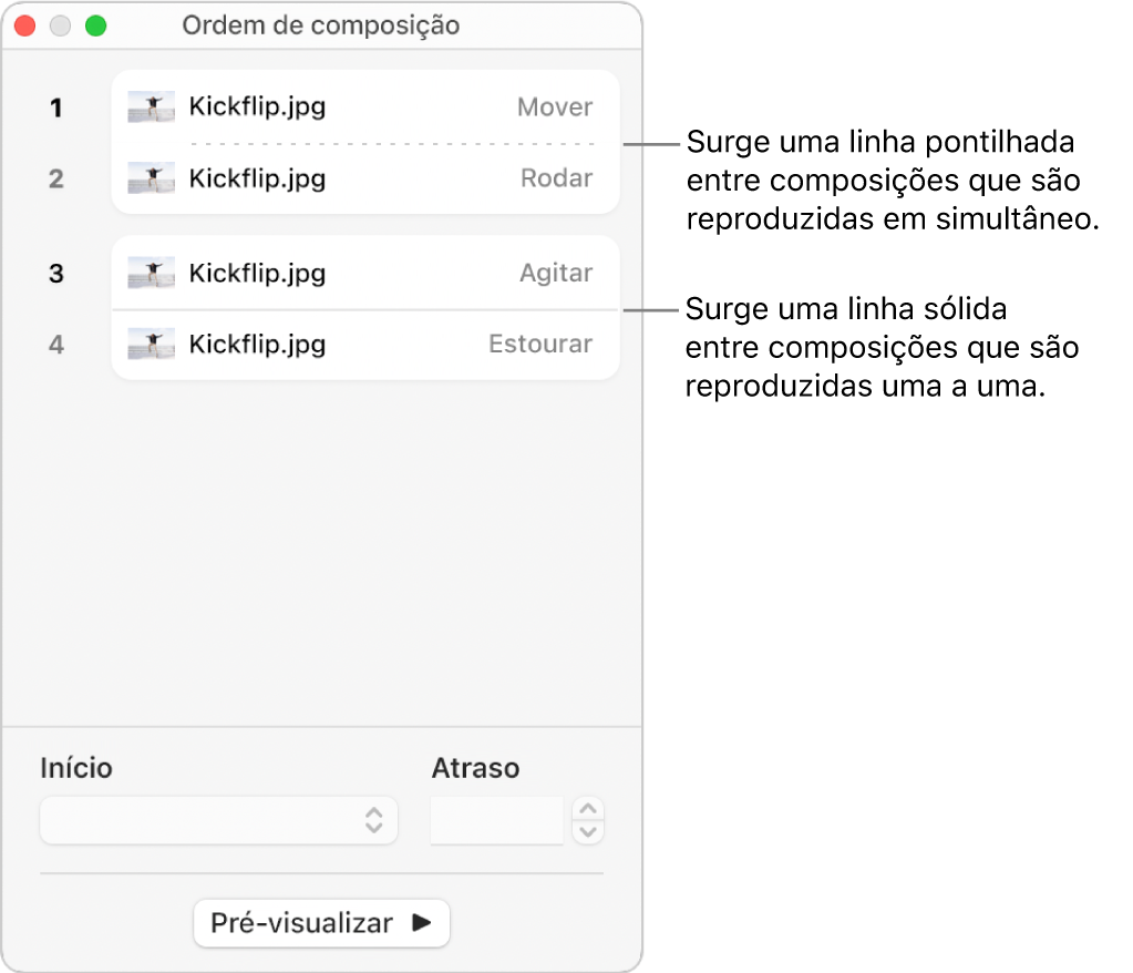 O menu “Composição”, com uma linha pontilhada que aparece entre composições que são reproduzidas simultaneamente e uma linha sólida entre composições que são reproduzidas individualmente.