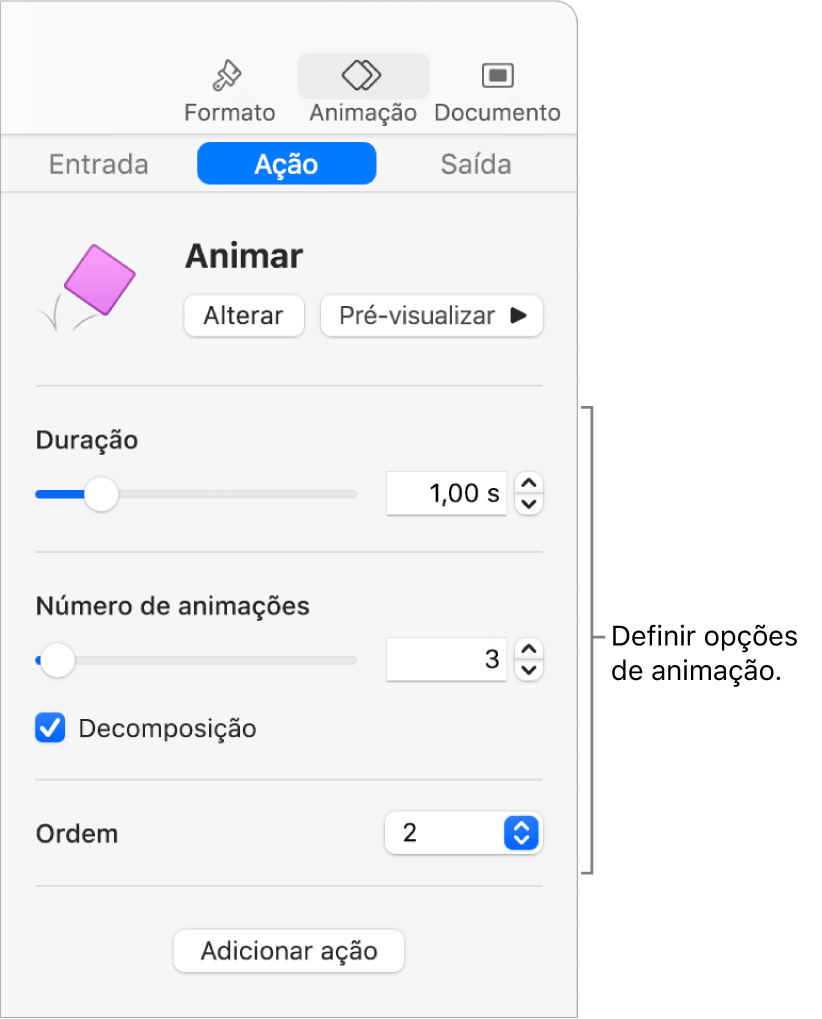 Controlos de ação na secção “Animação” da barra lateral.