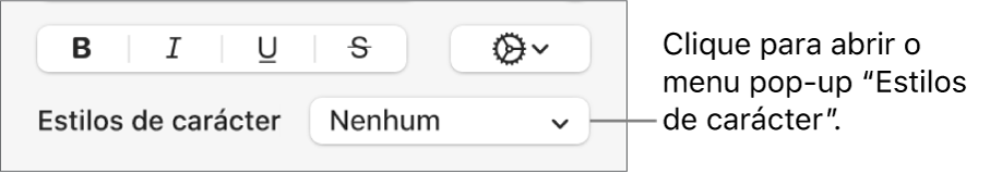 O menu pop-up “Estilos de carácter” por baixo dos controlos para alterar o estilo e cor.