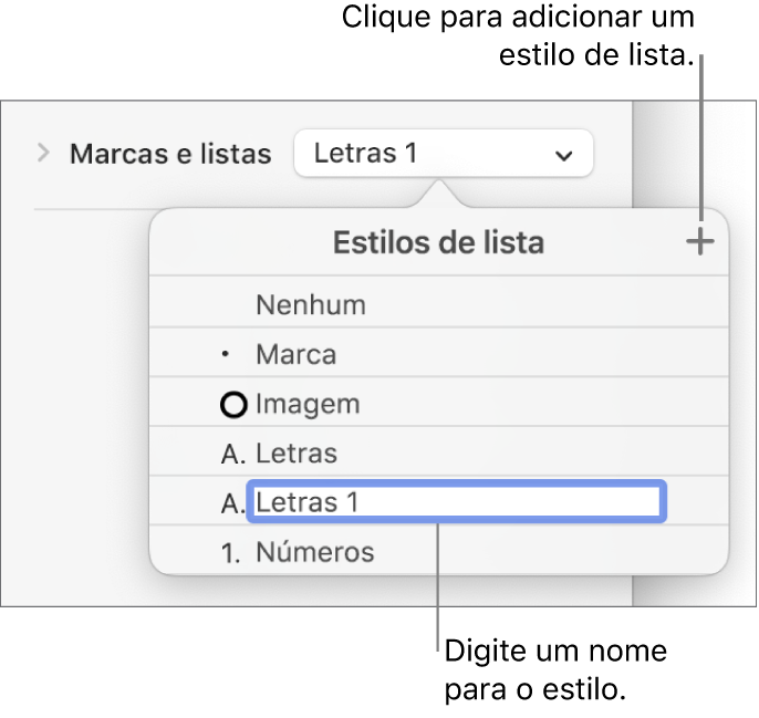 O menu pop-up “Estilos de lista” com um botão “Adicionar” no canto superior direito e um nome de estilo do marcador de posição com o respetivo texto selecionado.