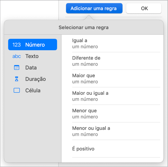 Controlos para definição do destaque condicional.