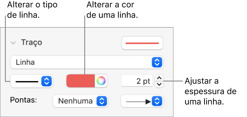 Controlos de traço para definir pontos finais, a espessura da linha e a cor.