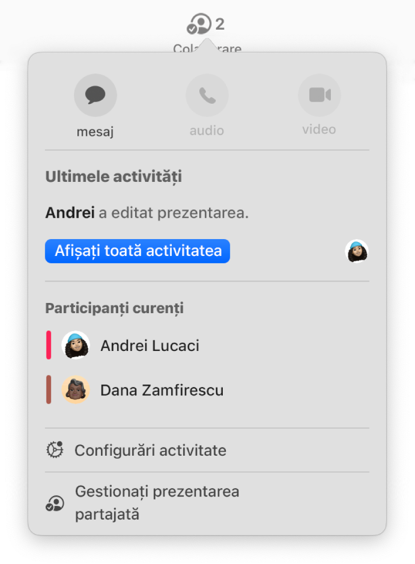 Meniul de colaborare afișând numele persoanelor care colaborează la prezentare.