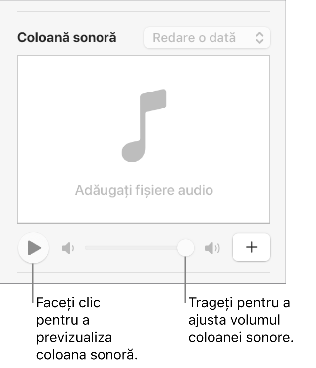 Comenzile Coloană sonoră cu butonul Redă și glisorul de volum evidențiate.