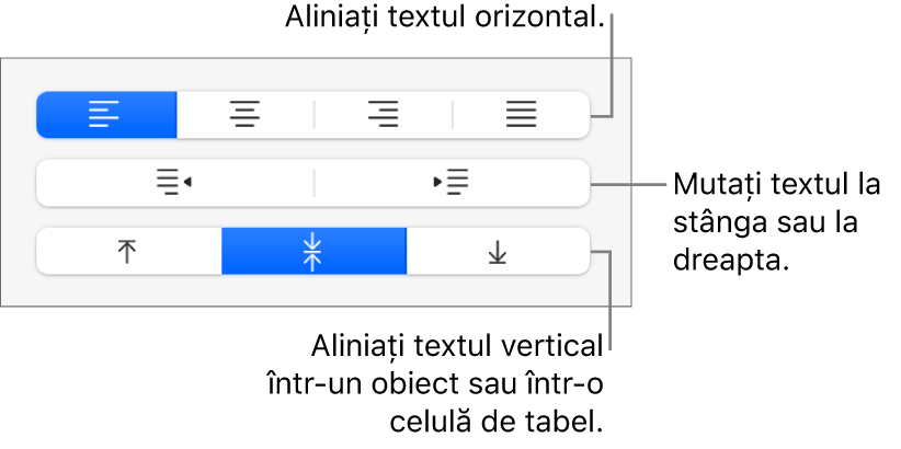 Secțiunea Aliniere a barei laterale afișând butoane pentru alinierea textului pe orizontală, deplasarea textului la stânga sau la dreapta și alinierea textului pe verticală.