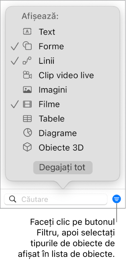 Meniul pop-up Filtrare deschis, cu o listă de tipuri de obiecte care pot fi incluse (text, forme, linii, imagini, filme, tabele și diagrame).