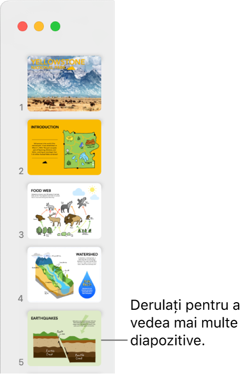 Navigatorul de diapozitive prezentând cinci diapozitive vertical, în ordine secvențială, cu opțiunea de a derula în jos pentru a vizualiza mai multe diapozitive.