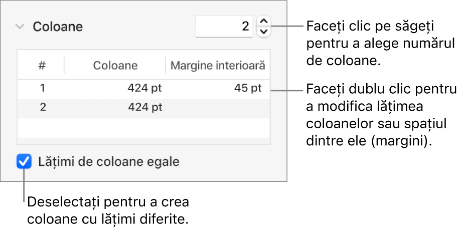 Comenzile din secțiunea de coloane pentru modificarea numărului de coloane și a lățimii fiecărei coloane.