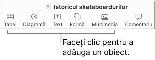 Bara de instrumente Keynote, cu butoane utilizate la adăugarea unui obiect pe un diapozitiv.