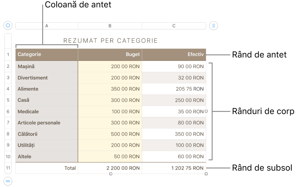 Un tabel, cu rânduri și coloane pentru antet, corp și subsol și mânere pentru adăugarea sau ștergerea rândurilor sau coloanelor.