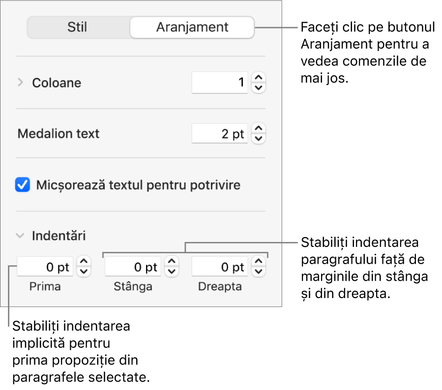 Secțiunea Aranjament a barei laterale Format afișând comenzi pentru configurarea indentării primei linii și a marginilor paragrafului.