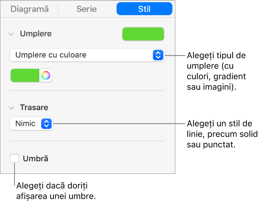 Comenzi pentru modificarea aspectului seriei de date.
