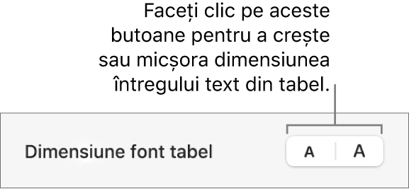 Comenzile din bara laterală pentru modificarea dimensiunii fontului în tabel.