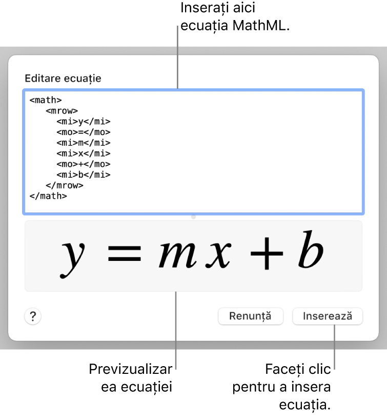 Ecuația pantei unei linii în câmpul Editare ecuație și o previzualizare a formulei dedesubt.