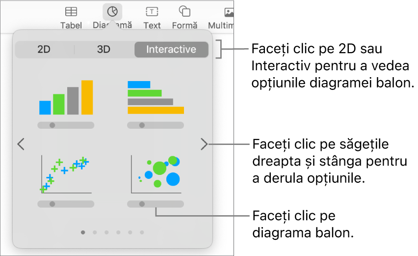 Meniul Adaugă diagramă, afișând diagrame interactive, inclusiv o opțiune de diagramă balon.