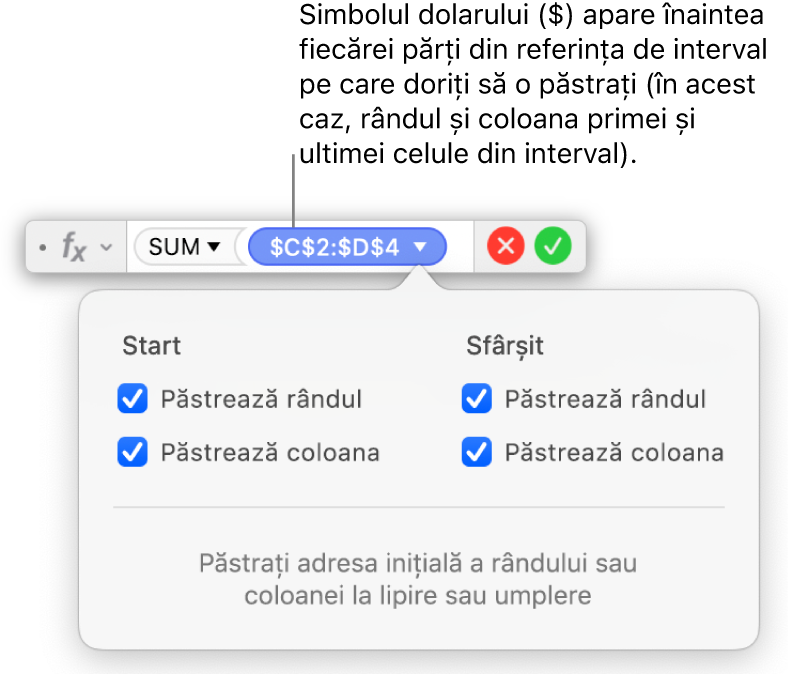 Editorul de formule afișând opțiunile Păstrează rândul și Păstrează coloana selectate pentru un anumit interval.