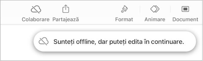 Butoanele din partea de sus a ecranului, cu butonul Colaborare transformat într-un nor traversat de o linie diagonală. Pe ecran apare o alertă „Sunteți offline, dar puteți edita în continuare”.