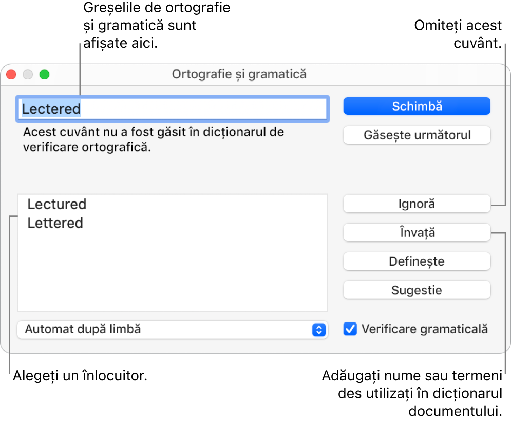 Fereastra Ortografie și gramatică.