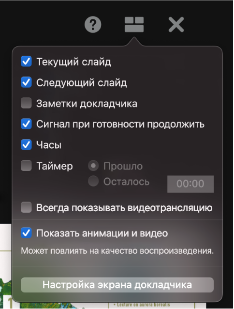 Варианты для экрана докладчика включают текущий слайд, следующий слайд, заметки докладчика, сигнал готовности продолжить, часы и таймер. У таймера есть дополнительные настройки, которые позволяют выбрать отображение истекшего времени или оставшегося времени.