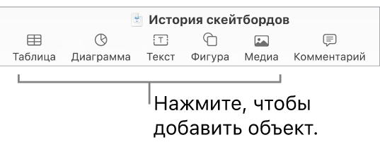 Панель инструментов Keynote с кнопками добавления объекта на слайд.