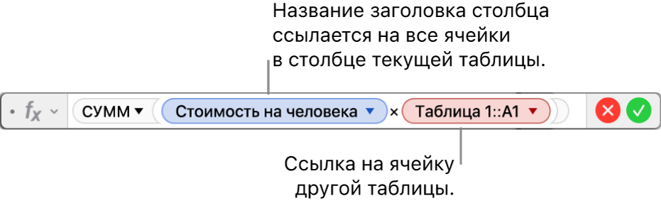 Редактор формул с треугольником, нажатие которого открывает параметры сохранения ссылки на строки и столбцы.