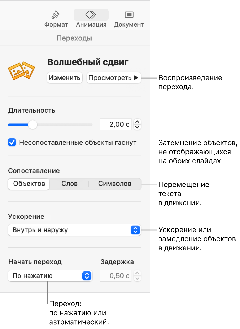 Элементы управления переходом «Волшебный сдвиг» в разделе «Переходы» боковом меню «Анимация».