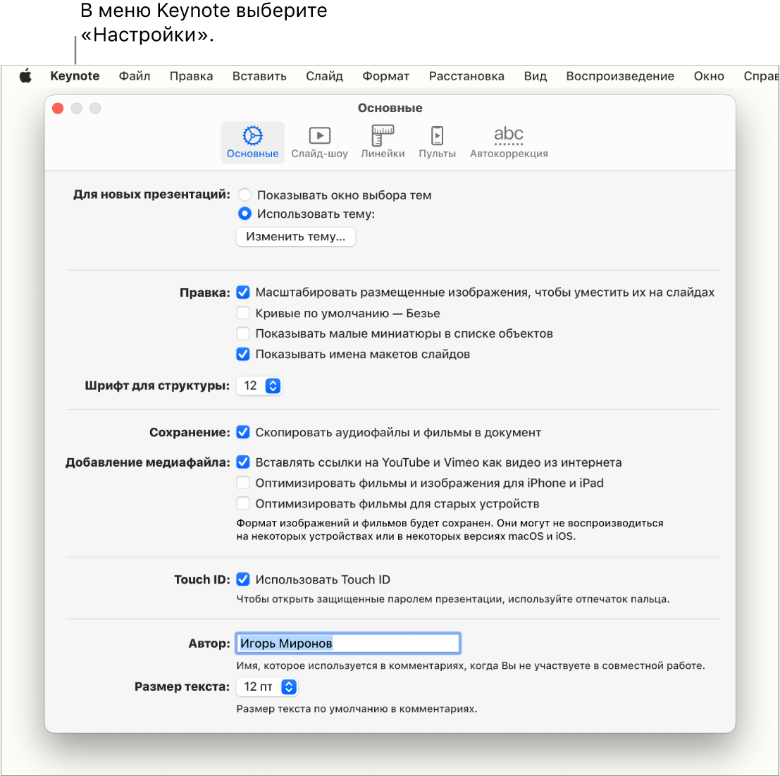 Окно настроек Keynote с открытой панелью «Основные».