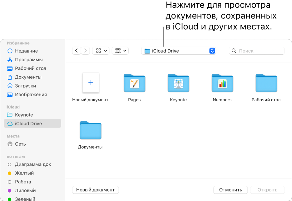 Диалоговое окно «Открыть»: слева открыто боковое меню, а во всплывающем меню вверху выбран iCloud Drive. В диалоговом окне показаны папки для Keynote, Numbers и Pages, а также кнопка «Новый документ».